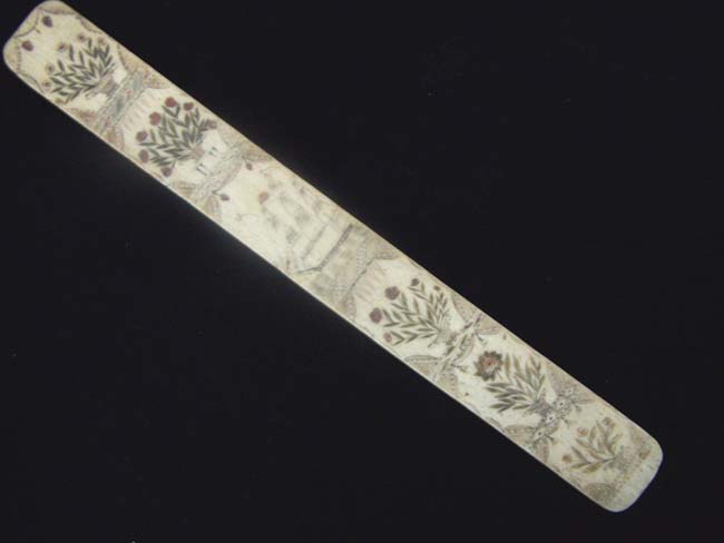 A Wonderful Antique Scrimshawed Whalebone Polycromed '6 Panel' Corset Busk circa 1840